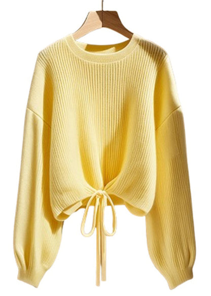 Art Yellow O Neck Lace Up Knit Sweater Fall Qs030
