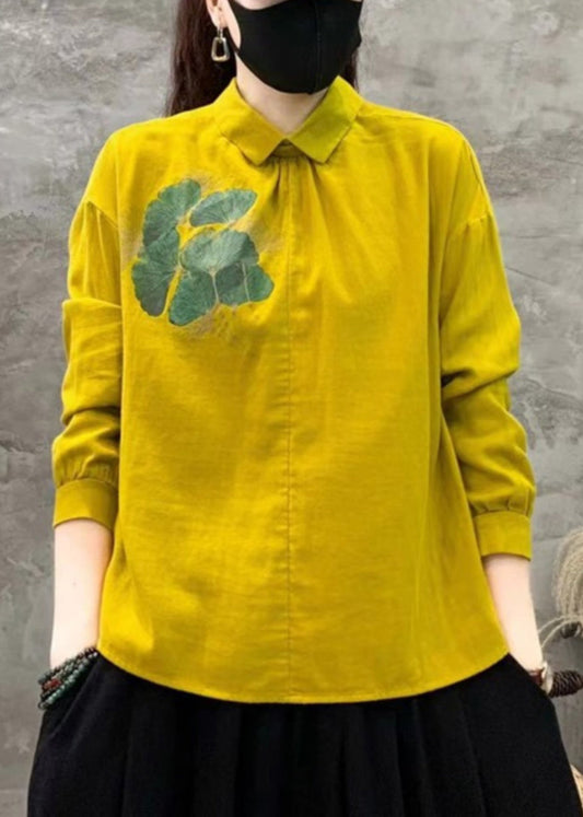 Art Yellow Peter Pan Collar Print Linen Blouses Fall Re017