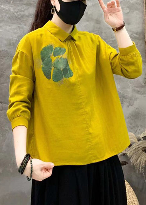 Art Yellow Peter Pan Collar Print Linen Blouses Fall Re017