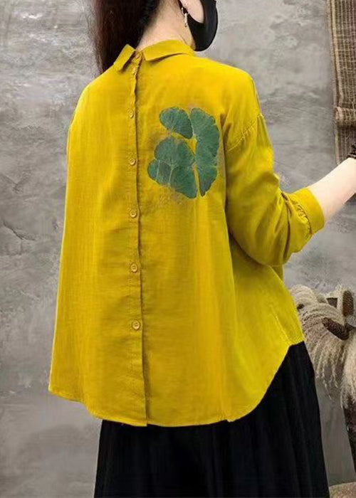 Art Yellow Peter Pan Collar Print Linen Blouses Fall Re017