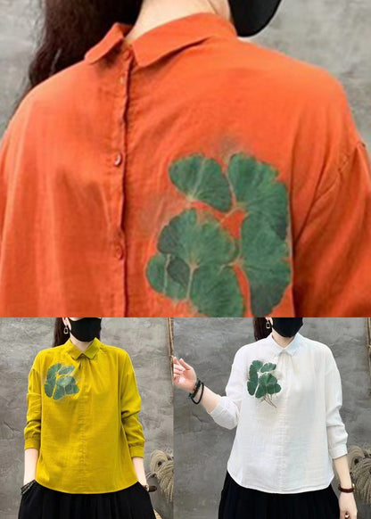 Art Yellow Peter Pan Collar Print Linen Blouses Fall Re017