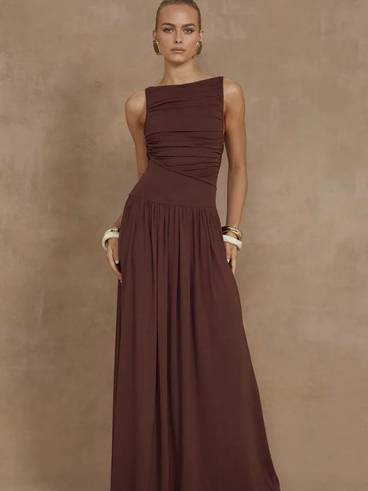 Artcat Sleeveless Round Neck Bodycon Long Dress for Folded Slimming Party Evening Dress Female Tight Vestido