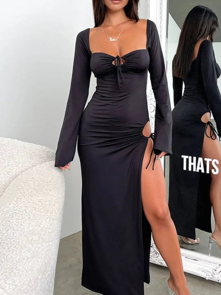 Autumn/winter ’s New Long Sleeve Dress Lace Up Slim Fit Open Back Bodycon Long Dress Party Club Clothing