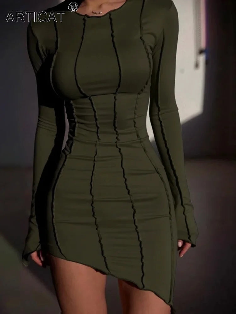 Asymmetrical Slim Mini Dress O-neck Flare Long Sleeve Patchwork Wrap Dress Spring New