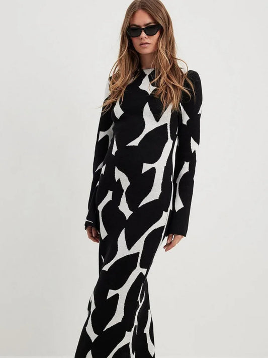 Autumn/winter New Long Sleeve Dress Knitted Sweater Long Dress Printed Bodycon Vesidos Party Evening