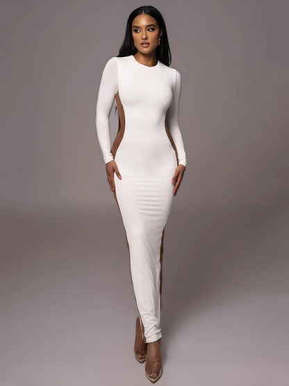 Autumn/winter Long Sleeve Hollow Out Split Dress for Bodycon Elastic Tight Maxi Dress Female Party Club Vestidos