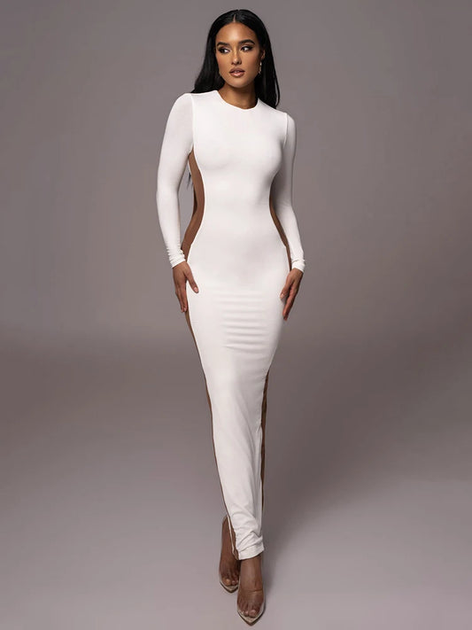 Autumn/winter Long Sleeve Hollow Out Split Dress for Bodycon Elastic Tight Maxi Dress Female Party Club Vestidos