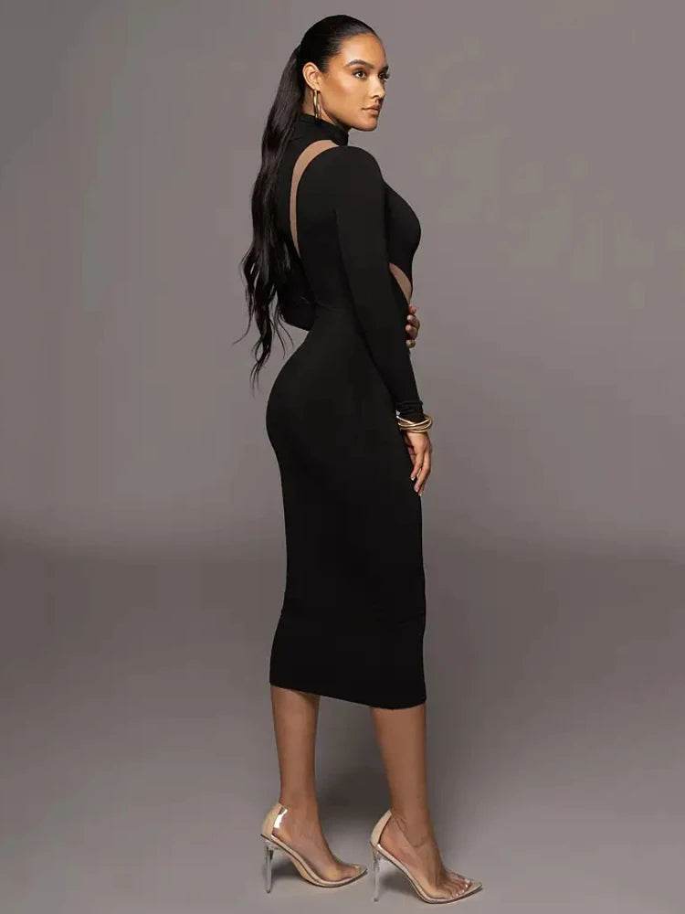 Autumn/winter Long Sleeve Mesh Patchwork Dress ’s Perspective Bodycon Midi Dress Female Party Evening Dress