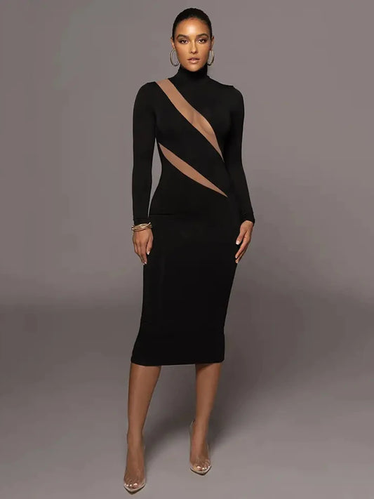 Autumn/winter Long Sleeve Mesh Patchwork Dress ’s Perspective Bodycon Midi Dress Female Party Evening Dress