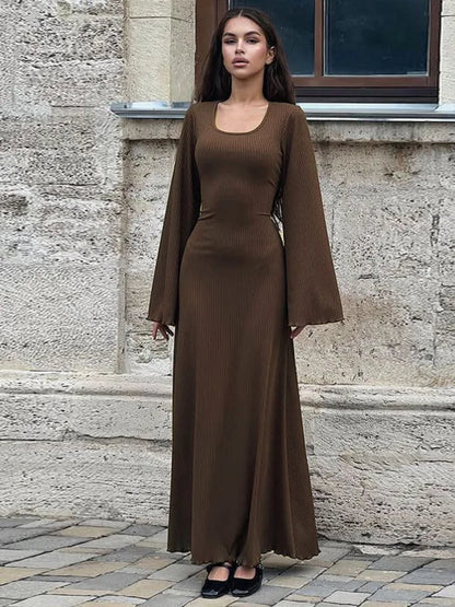 Autumn/winter New Sweater Square Neck Flare Sleeve Lace Up Waist Slim Dress Bodycon Party Club Street Clothing