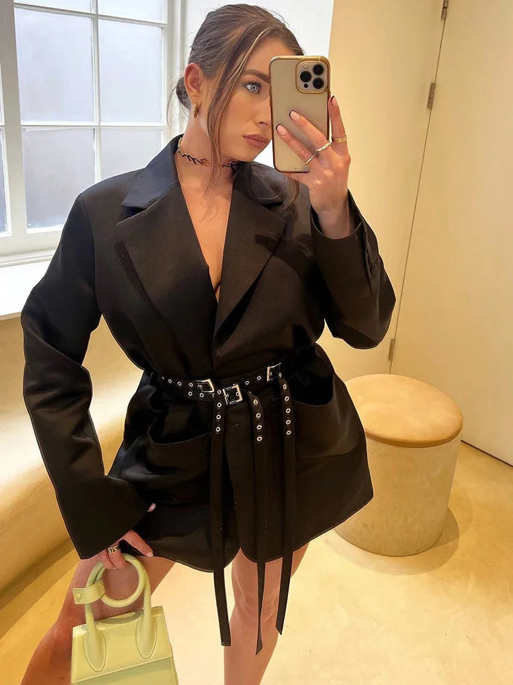 Double Layer Bandage Slim Blazer Long Sleeve Pocket Long Jacket Female Suit Outwear Tops Street Party Autumn