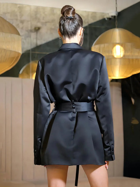 Double Layer Bandage Slim Blazer Long Sleeve Pocket Long Jacket Female Suit Outwear Tops Street Party Autumn
