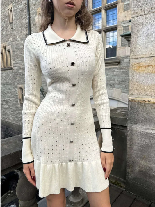Knitted Sweater Button Elastic Slim Dress Lotus Leaf Edge Bodycon Long Sleeve Fall New Female Vestido