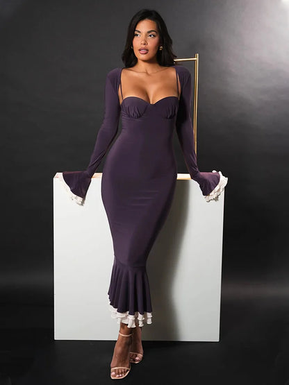 Long Flared Sleeve Elastic Tight Two-piece Set Autumn/winter New Party Club Evening Dress