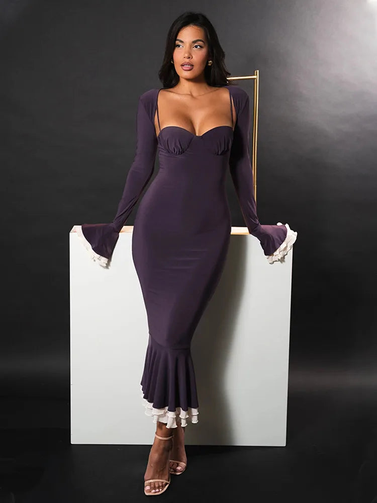 Long Flared Sleeve Elastic Tight Two-piece Set Autumn/winter New Party Club Evening Dress