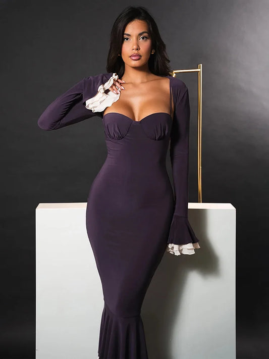 Long Flared Sleeve Elastic Tight Two-piece Set Autumn/winter New Party Club Evening Dress
