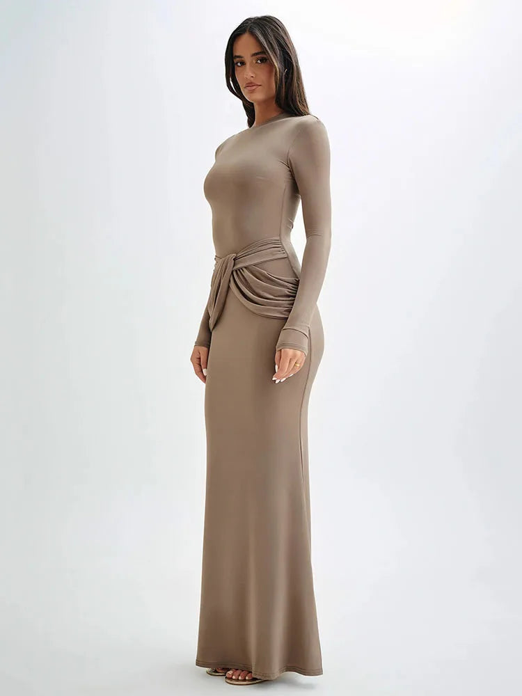 Long Sleeved Elastic Tight Long Dress Bodycon Pleated Evening Dress Slimming Party Club Vestido Fall