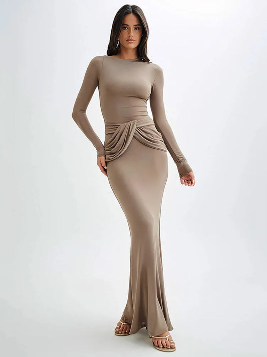Long Sleeved Elastic Tight Long Dress Bodycon Pleated Evening Dress Slimming Party Club Vestido Fall