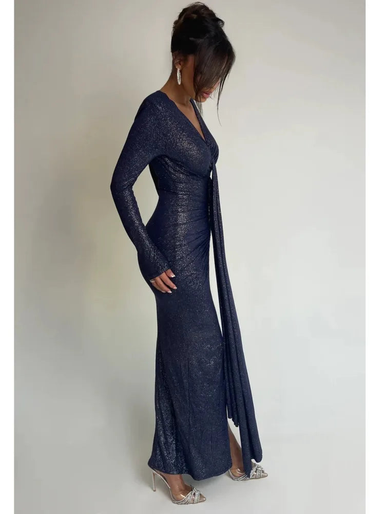 Long Sleeved Lace Up Pleated Evening Dress for Vneck Bodycon Elastic Maxi Dress Female Party Club Vestidos