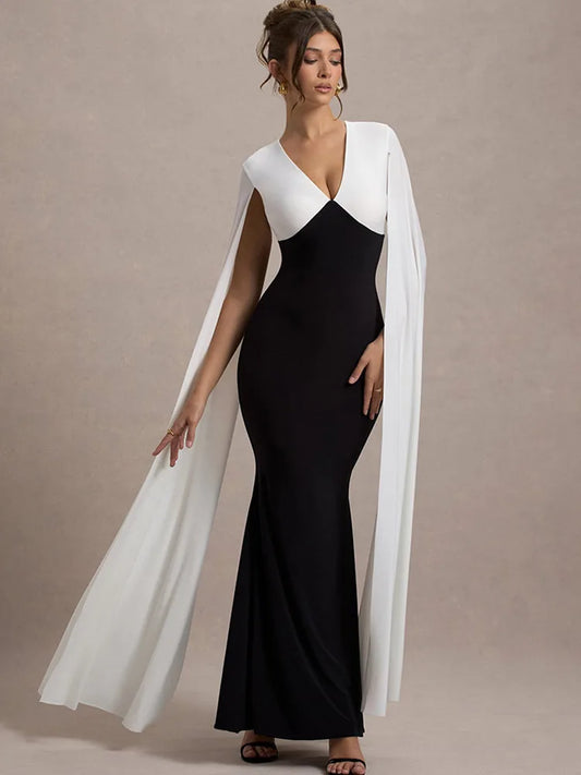 Patchwork Sleeveless Ribbon Bodycon Party Evening Dress Winter V-neck Tight Long Dress Vestido