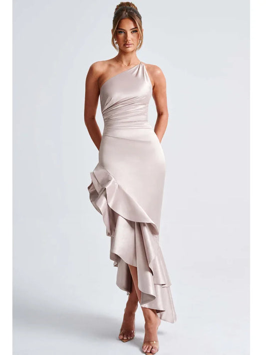 Satin Sleeveless Bodycon Ruffle Irregular Long Dress Backless Party Evening Dress Autumn New Vestido