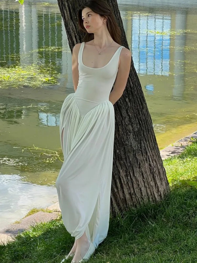 Sleeveless Elastic Tight Long Dress Fluffy Skirt Split Backless Evening Dress Slim Party Vacation Vestidos