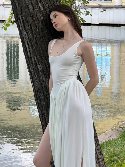 Sleeveless Elastic Tight Long Dress Fluffy Skirt Split Backless Evening Dress Slim Party Vacation Vestidos