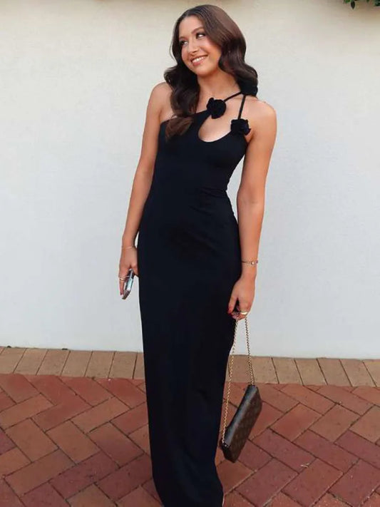 Sleeveless Irregular Bodycon Evening Dress Fall New Flower Ornament Shoulder Vestido Long Dress