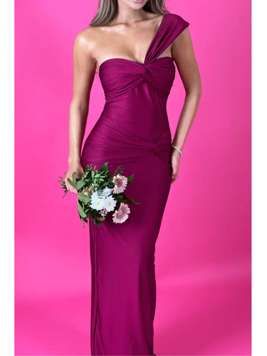 Sleeveless Single Shoulder Strap Zipper Evening Dress Pleated Slim Maxi Dress Female Party Club Vestidos
