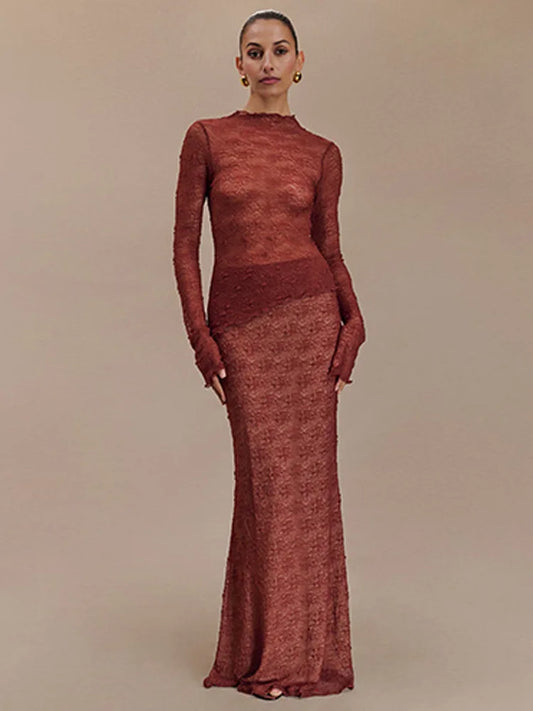 Lace Long Sleeved Round Neck Top Skirt Two-piece Set for Autumn Winter New Transparent T-shirt Set
