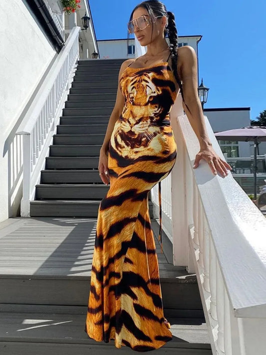 Print Backless Tie Slim Fit ’s Dress Spaghetti Strap Tiger Print Maxi Dress Party Vestidos