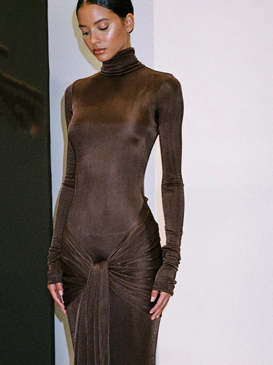 High Neck Long Sleeve Bodycon Dress for Tight Elastic Lace Up Maxi Long Dress Autumn New Party Club Vestidos