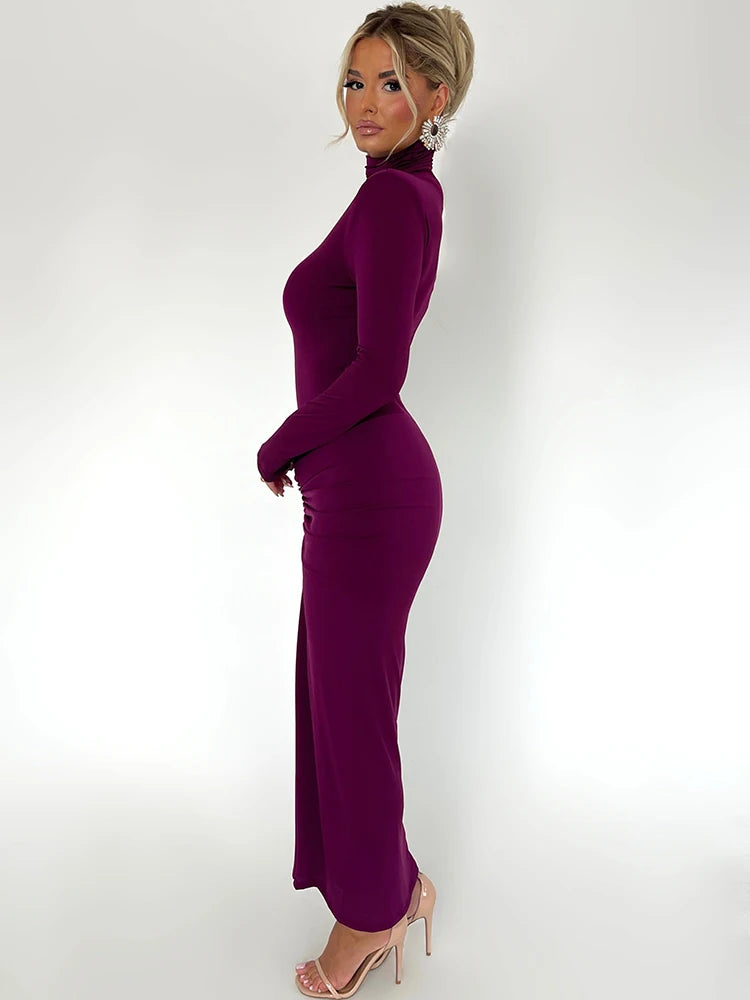 High Neck Long Sleeve Elastic Tight Dress for Folds Bodycon Wrap Hip Midi Dress Female Party Club Evening Dress