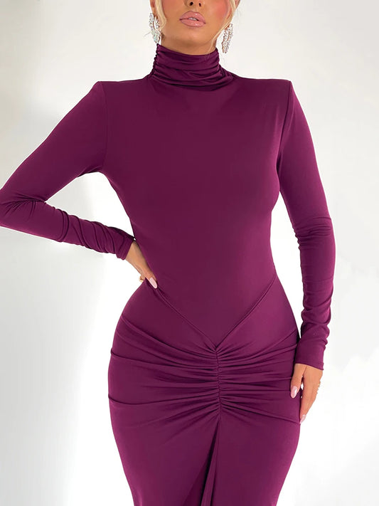 High Neck Long Sleeve Elastic Tight Dress for Folds Bodycon Wrap Hip Midi Dress Female Party Club Evening Dress