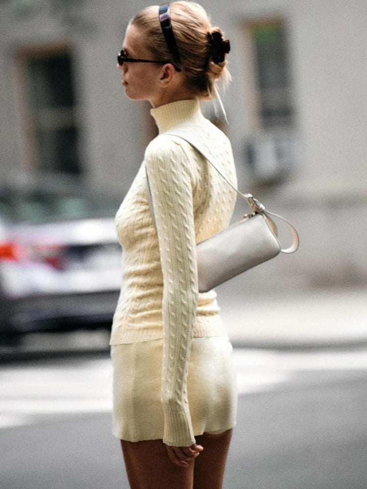 Knitted Turtleneck Zipper Cardigans Sweater Yellow Long Sleeve Warm Sweater Female Autumn