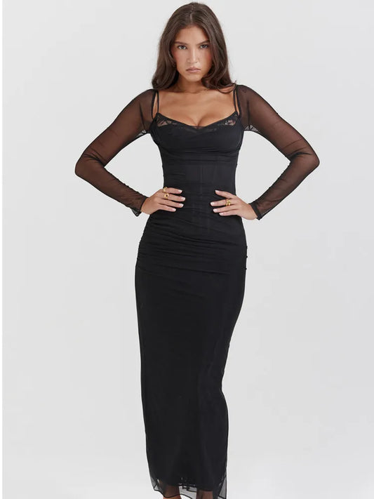 Long Sleeve Mesh Patchwork Lace Double Layer Midi Dress for Autumn Party Clubwear Long Dress