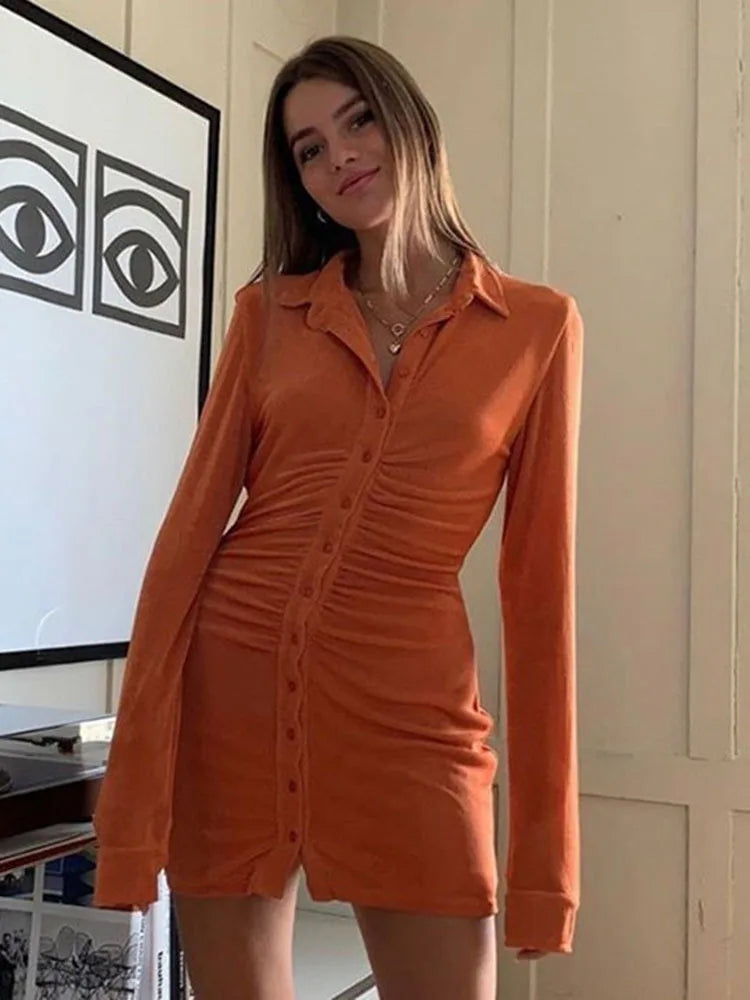 Turn-down Collar Button Mini Dress