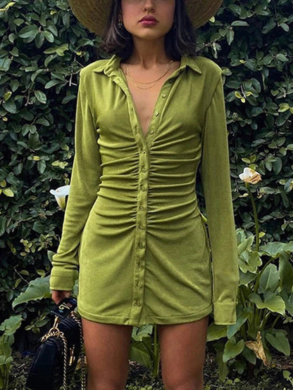 Turn-down Collar Button Mini Dress