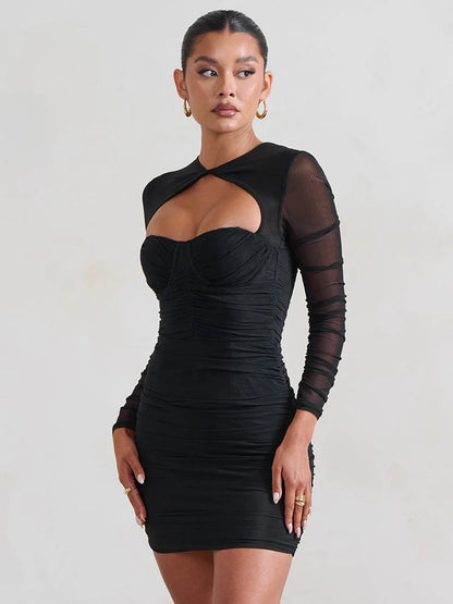 Mesh Pleated Wrap Mini Dress