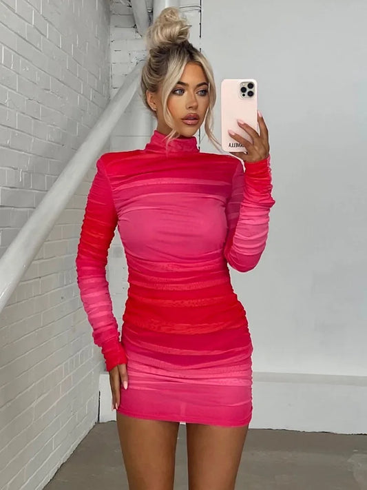 O- Neck Contrast Long Sleeve ’s Dress Party Street Stretchy Tight Ruffle Female Mini Dress Autumn New