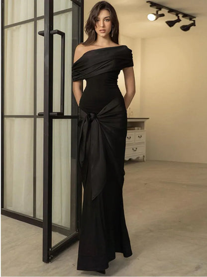 One Shoulder Mesh Patchwork Ribbon Dress New Slim Fit Black Female Long Dress Party Evening Dress
