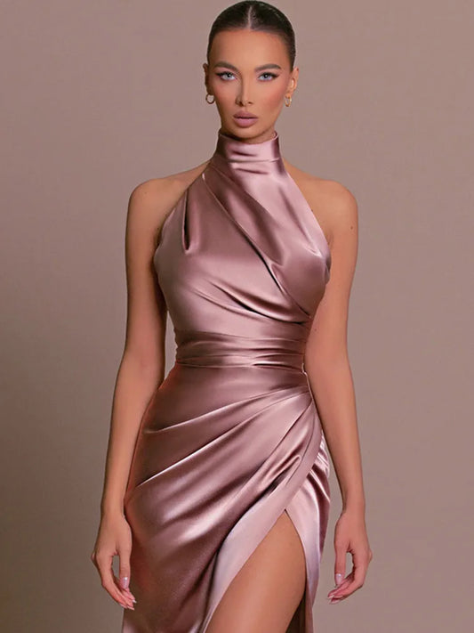 Satin Hanging Collar Sleeveless Split Slim Fit Dress Slim Summer New Long Dress Party Evening Dress