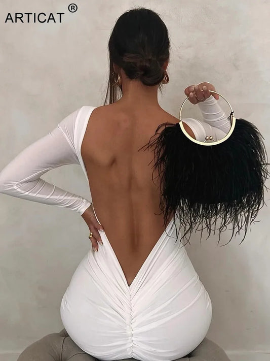 Backless Ruched Maxi Dress White Long Sleeve Evening Dresses Female Autumn Skinny Party Clubwear