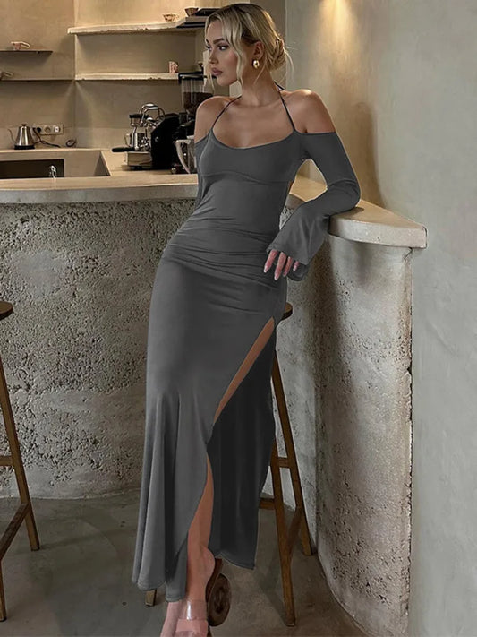 Backless Split Hollow Out Long Sleeve Dress Lace Up Bodycon Maxi Dress Party Club Evening Dress New