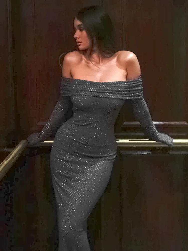 Buttocks Wrapped Long Dress for Temperament Ironing Board Slim One Line Neck Party Evening Dress