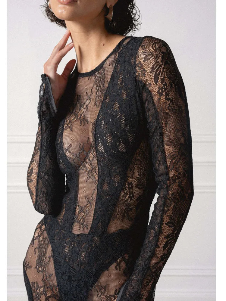 Lace Patchwork Long Sleeved See Through Jumpsuit Tight Backless Autumn Winter New Female Party Clothing