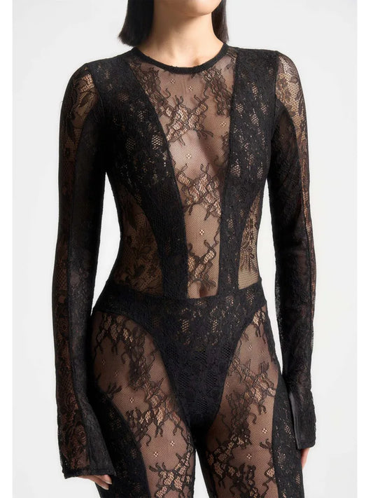 Lace Patchwork Long Sleeved See Through Jumpsuit Tight Backless Autumn Winter New Female Party Clothing