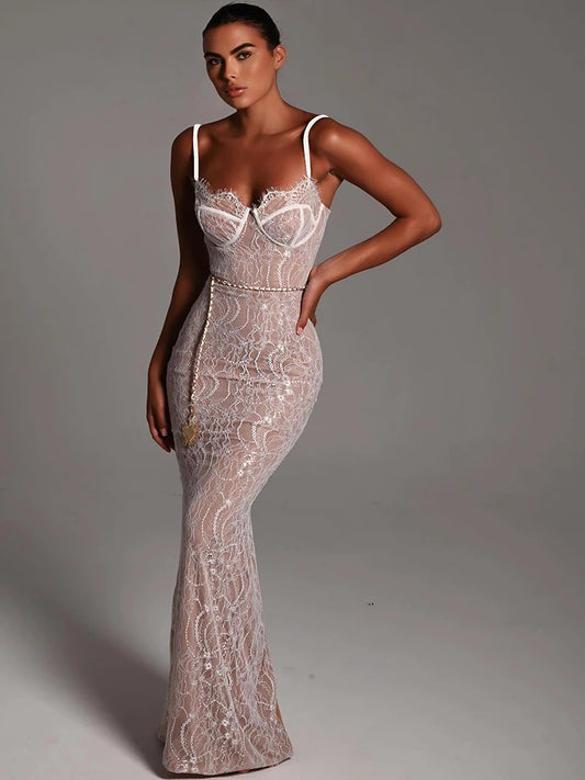 Lace Print Double Layer Dress for Bodycon Backless Metal Heart Pendant Maxi Dress Party Club Evening Dress