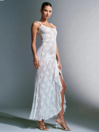 Lace Print High Split ’s Dress Slim Fit Open Back Transparent Lace Up Female Midi Dress Party Club Vestidos