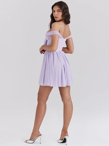 One-shoulder Mesh Pleated Mini Dress